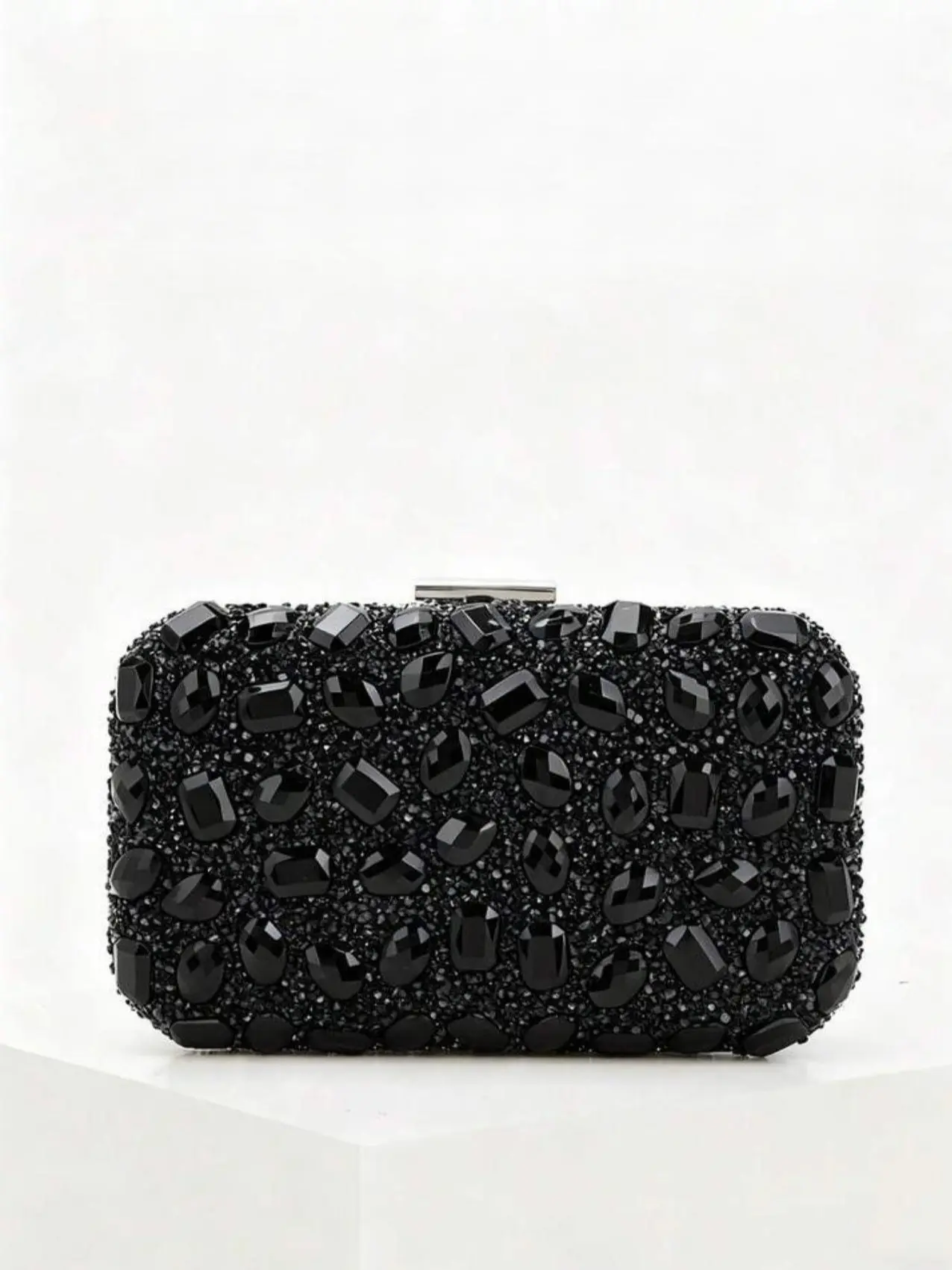 Women Black Crystal Rhinestone Evening Clutch Bag, Full Diamond Multi Gem Hardcase Formal Handbag with Silver Metal Frame Lock Closure, Detachable Chain Strap, Elegant Sparkly Purse for Bridal Wedding, Prom, Banquet & Night Events