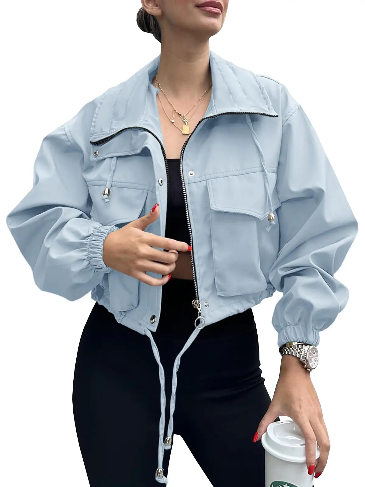Fessceruna Womens Cropped Jacket Zip Up Lightweight Oversized Utility Anorak Coat with Pockets
