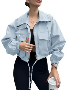 Fessceruna Womens Cropped Jacket Zip Up Lightweight Oversized Utility Anorak Coat with Pockets