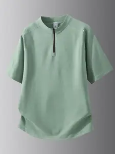 Men’s Solid Sage Green Short-Sleeve Half-Zip Mandarin Collar T-Shirt - Wrinkle-Resistant, Breathable, Loose Curved Hem Tech Tee for Golf, Daily Summer Wear