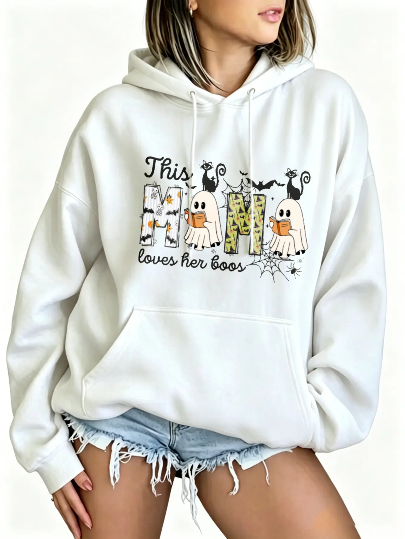 Halloween Mama Loves Her Boos Hoodie Women Double Sided Graphic Sweatshirt Spooky Season Mom Hoodies Front and Back Print Cute Ghost Reading Black Cat Regular Fit Long Sleeve Casual Pullover Tops Aesthetic Spooky Mama Clothes Fall Winter Streetwear