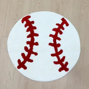 Baseball Stitch Pattern Tufted Round Rug – Indoor Floor Mat for Game Room, Bedroom & Living Room | Sporty Themed Design, Plush Soft Texture, Durable Tufted Carpet for Stylish Decor & Comfortable Footing