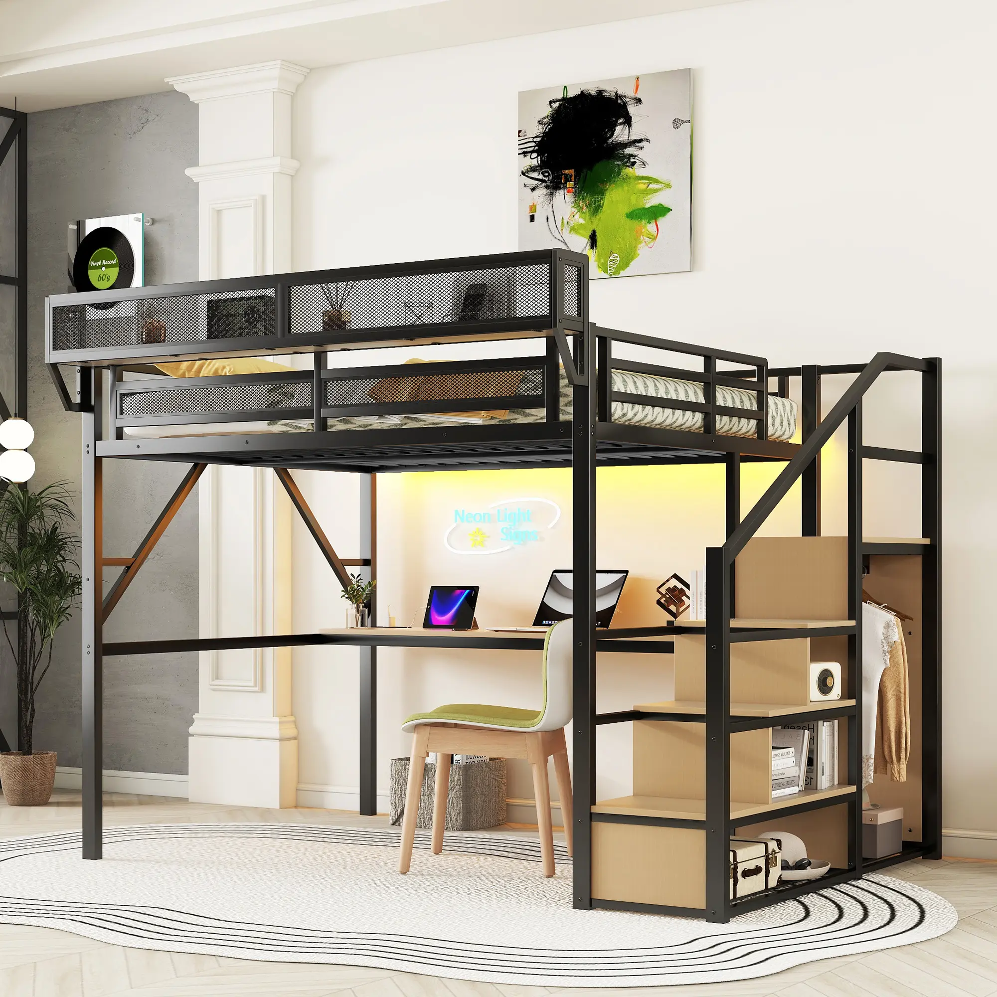 Patented Metal Queen Bed Frame - Contemporary Bed with Integrated Desk, Charging Station, Stairs, LED Lighting - Bedframe for Kids, Modern Bedroom Furniture Design