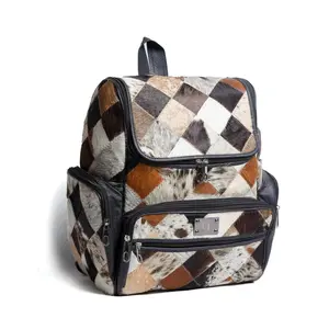 Multi Patch Black Cowhide Leather Backpack | Hair-On Travel Backpack | Handmade Rustic Bag | Boho Western Daypack for Men & Women