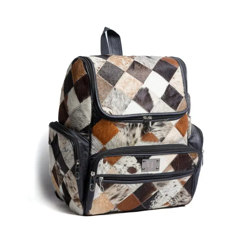 Multi Patch Black Cowhide Leather Backpack | Hair-On Travel Backpack | Handmade Rustic Bag | Boho Western Daypack for Men & Women