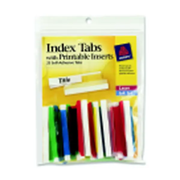 Avery 2 in. Plastic Pre-Cut Permanent Adhesive Index Tabs with Printable Inserts, 1/3 in. Tab Extension, Assorted Pack, Pack of 25, Handwriteable, Laser-Printable, Typeable, Envelope Feeder Compatible, Laser Printed