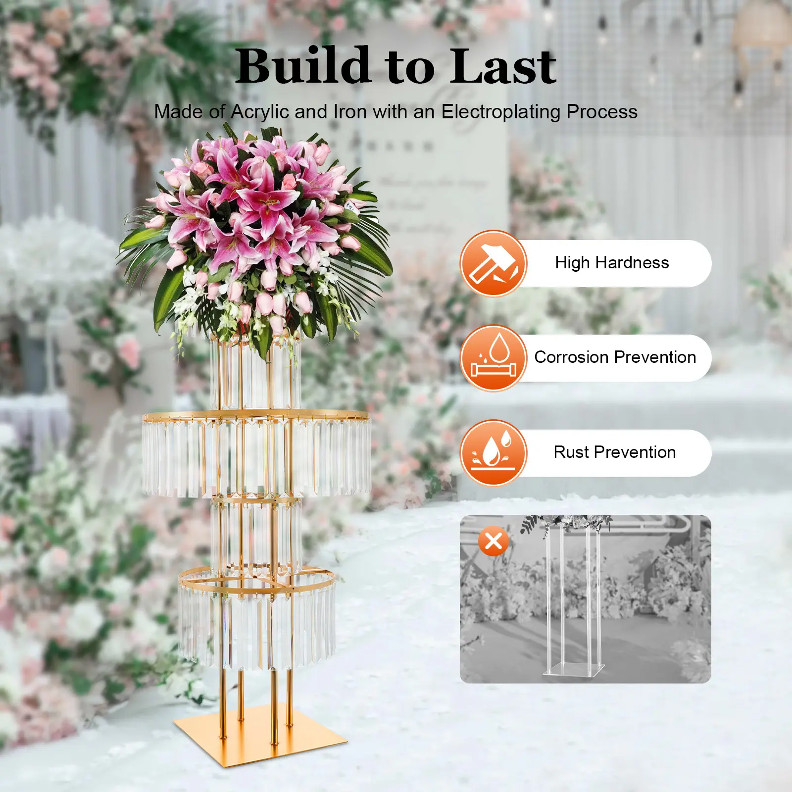 2026 Viral 5-Tier Gold Acrylic Flower Stand Electroplated Iron Wedding Party Decoration Free Standing Floor Tabletop Event Decor, Round, Wedding Decor