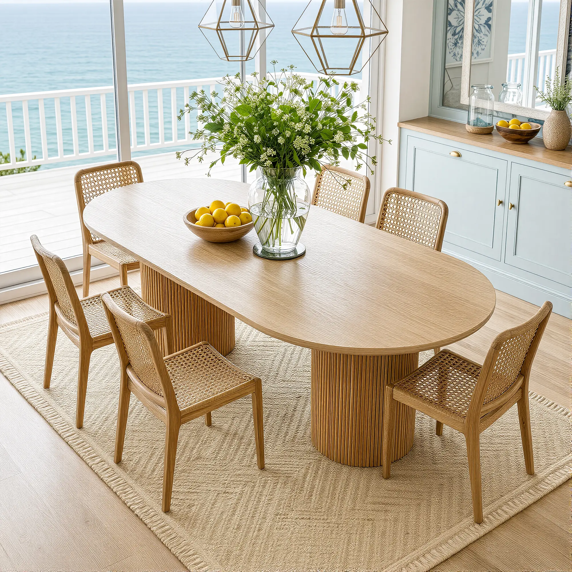 HOMSEE 90.5 Inch Oval Dining Table, Red Oak Veneer Tabletop with Solid Pine Fluted Pedestal Legs, 440 LBS Heavy Capacity Modern Wood Kitchen Table for 6-8 People, Natural Finish
