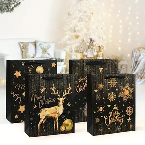 12pcs/24pcs Christmas Gift Bags, Reindeer and Tree Design, Bell Pattern, Ribbon Handle, Paper Bags for Party and Holiday Gifts