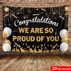 EastJia Made in USA Polyester Black Gold Graduation Tapestry, 2D Printed Balloon Cap Diploma Pattern, Premium Wall Hanging Backdrop for Graduation Party, Photo Booth, Graduation Gift and Indoor Room Home Decor