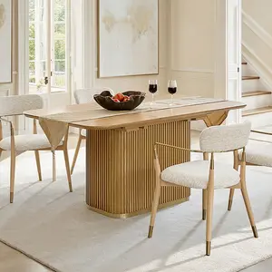HULALA HOME Sonia Modern Extendable Dining Table, Expandable Wood Dining Table with Hidden Leaf, Metal Legs, Easy-Clean Surface for Dining Room, Kitchen, Multifunctional Living Space