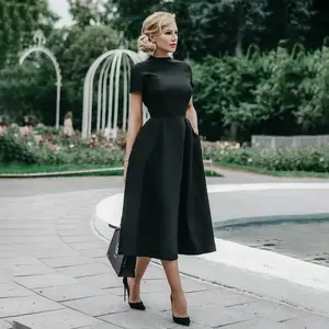 2025 Women Elegant Black Dress Half High Collar High Waist A-Line Dresses Slim Fit Dress Office Lady Female Solid Vestidos