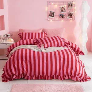 3-Piece Striped Ruffled Printed Bedding Set, Soft Comfortable Duvet Cover & Pillowcases, Ideal for Bedroom Guest Room Decor, Modern Bedding Set