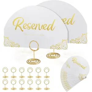 12 Pieces Elegant Reserved Signs For Wedding Reserved Table Seating Signs Double sided gold foil reserved card with bracket perfect for Wedding Events Half circle white