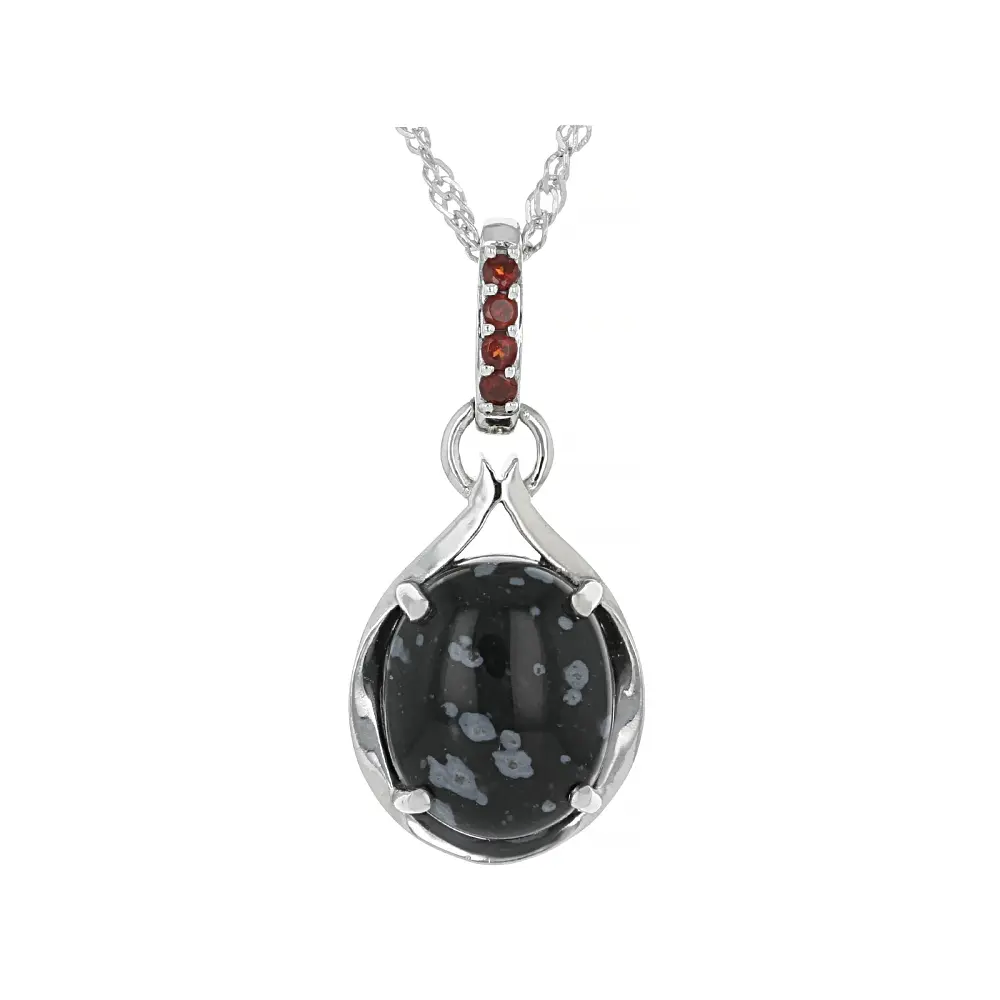 JTV Black Snowflake Obsidian with Red Garnet Rhodium Over Sterling Silver Pendant with Chain 0.05ctw