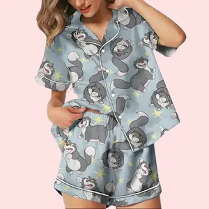 2026 Lucifer Cat Pajama Set Women, Cinderella Cat Sleepwear, Cute Cartoon Cat PJ Shorts Set, Blue Kitty Pajamas, Fairytale Cat Lover Gift flower sleepwear cute pajama set women pajamas summer pajamas
