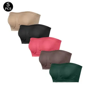 【5pcs】HIXOWIA Women's Solid Ruched Wireless Bandeau Aesthetic Minimalist Basic Comfort Womenswear, High Stretch Seamless Casual Strapless Invisible Bra, Ladies Lingerie for All Seasons Daily wear Fashion Elegance Multicolor Smooth