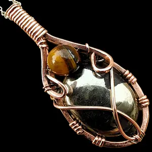 Raw Natural Apache Pyrite Tiger's Eye Tiger Eye Native American Hammered Copper Wire Wrapped Elven Elvish Victorian Fantasy Pendant Necklace