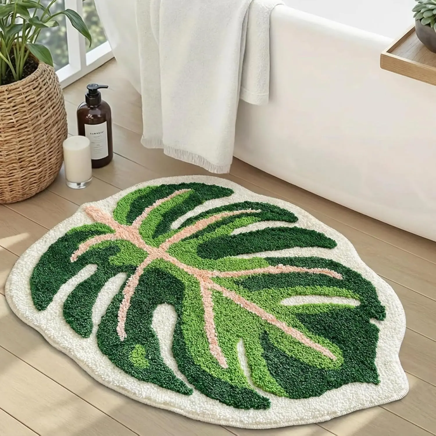 Cute Monstera Bath Mat,Green Leaf Bath Mat,Non Slip,Soft,Absorbent,Machine Washable for Bathroom Bathtub Rugs,Toilet, Room,Bedroom,Monstera Leaf Rug(21"X26")