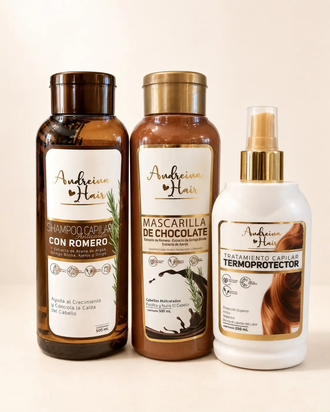 Andreina 3-Piece Hair Care Set - Rosemary Shampoo, Chocolate hair mask & Heat protectant