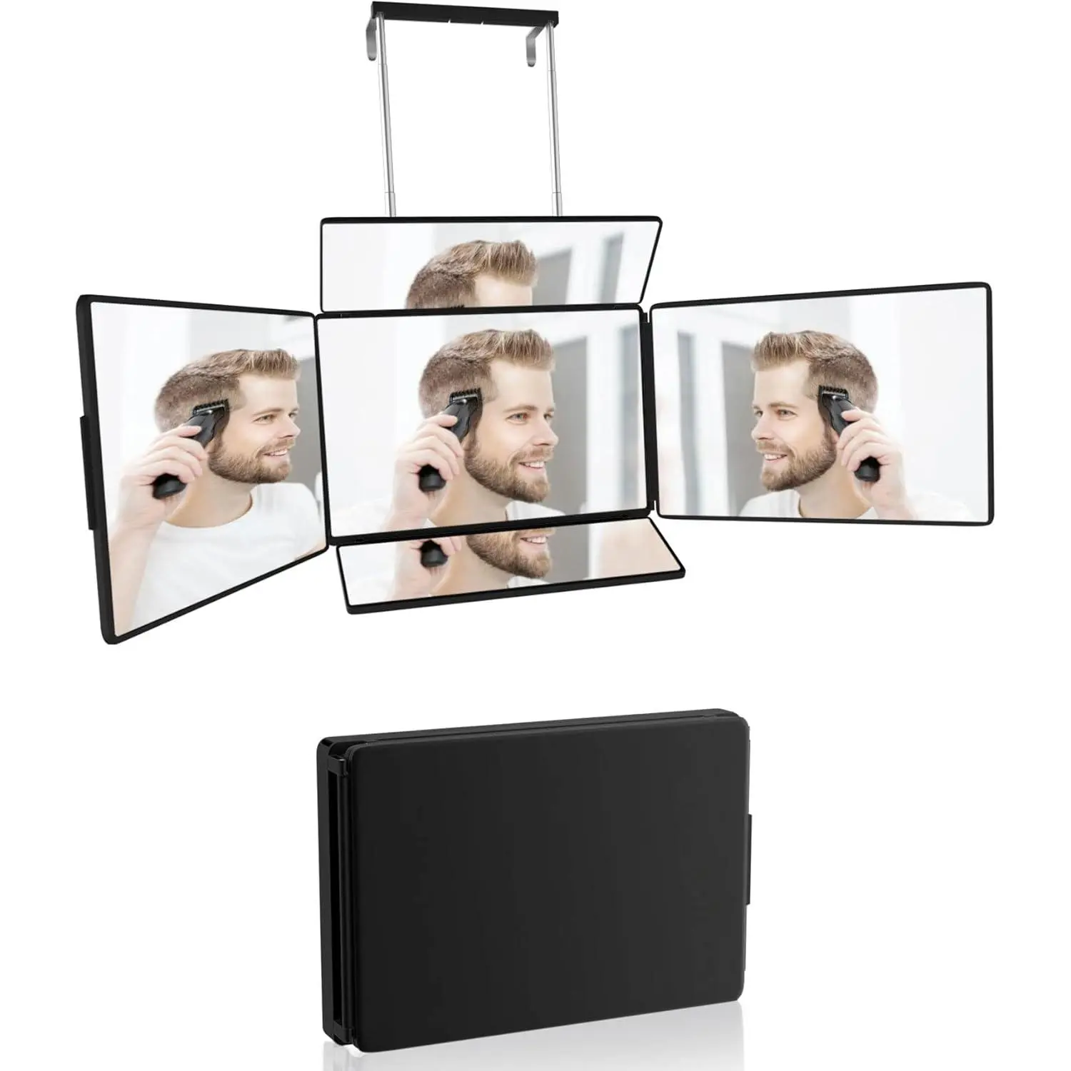 Black Bathroom Vanity Door Mirror with 5-Way Height-Adjustable, 360-Degree Rotatable, 5-Way Mirror Design, Foldable Frame, Portable for Self-Grooming, Hair Cutting