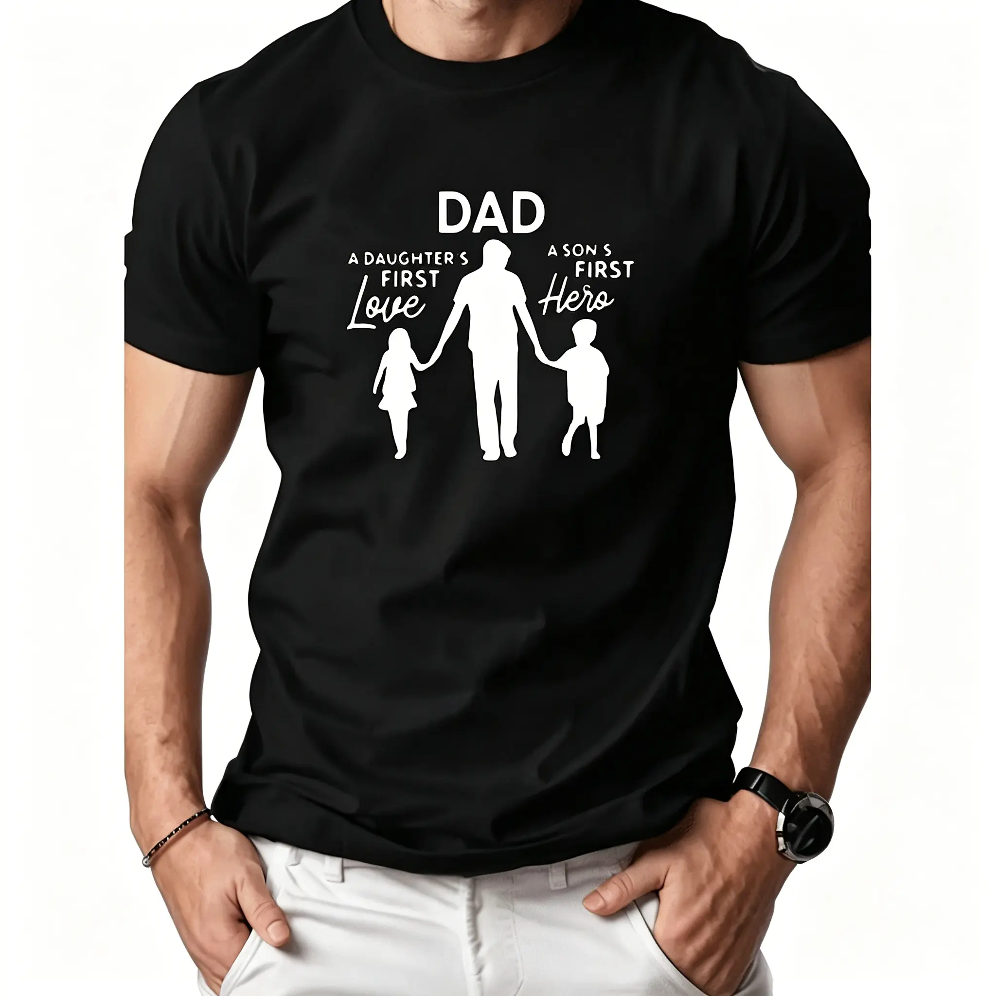 Men's Slim-Fit Graphic T-Shirt - Round Neck Short Sleeve Menswear, "DAD Is Daughter's First Love Son's Hero" Digital Vivid Print, Casual All-Season Sports Top, Gift for Father (Father's Day), T-Shirt_Black, Standard/Detailed Sizes S-3XL, Fast Shipping
