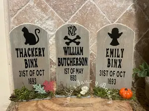 Set of 3 Handmade  Hocus Pocus Tombstones Billy Butcherson Emily Binx Thackery Bink Tier Tray Decoration Halloween Decor Sanderson Sisters Wood Faux