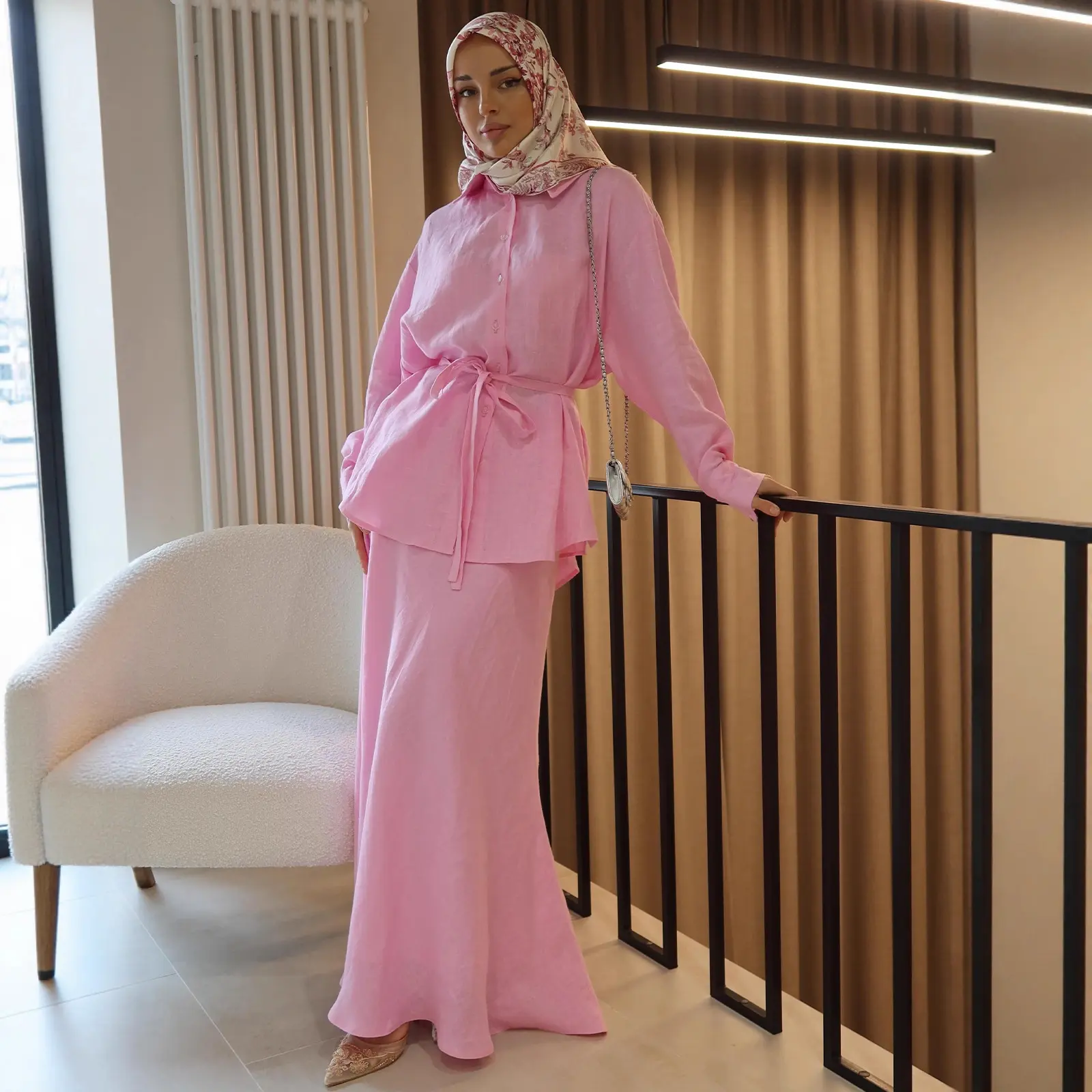 Women's Belted Long - sleeve Shirt & Maxi Skirt Set