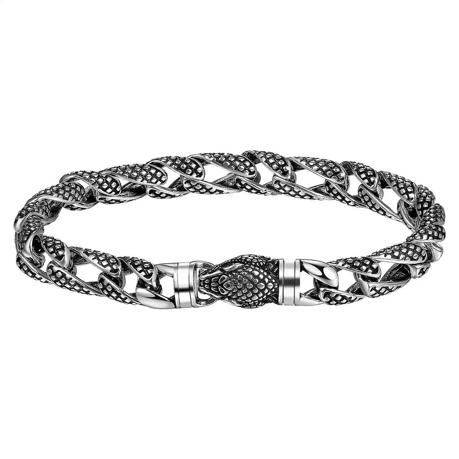 OIDEA Men's Snake Bracelet Stainless Steel Gothic Cuban Chain with 3D Snake Scale Links and Snake Head Clasp, Punk Rock Viking Biker Style