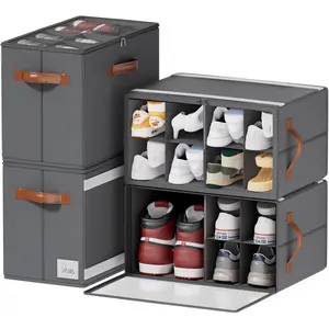 4 Pack Shoe Organizer for Closet, Foldable Shoe Storage Organizer with Adjustable Dividers and Clear Cover, Stackable Fabric Closet Shoe Organizer Storage Box Fits 32 Pairs, Gray