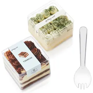 Plastic Square Dessert Cups Boxes with Lids and Sporks packaging for baked Cookie Tiramisu Containers for Fruit Pudding Mousse Parfait 20 Pack 12oz 3.3 * 3.3 * 2.5in boxes with Sporks and Stickers