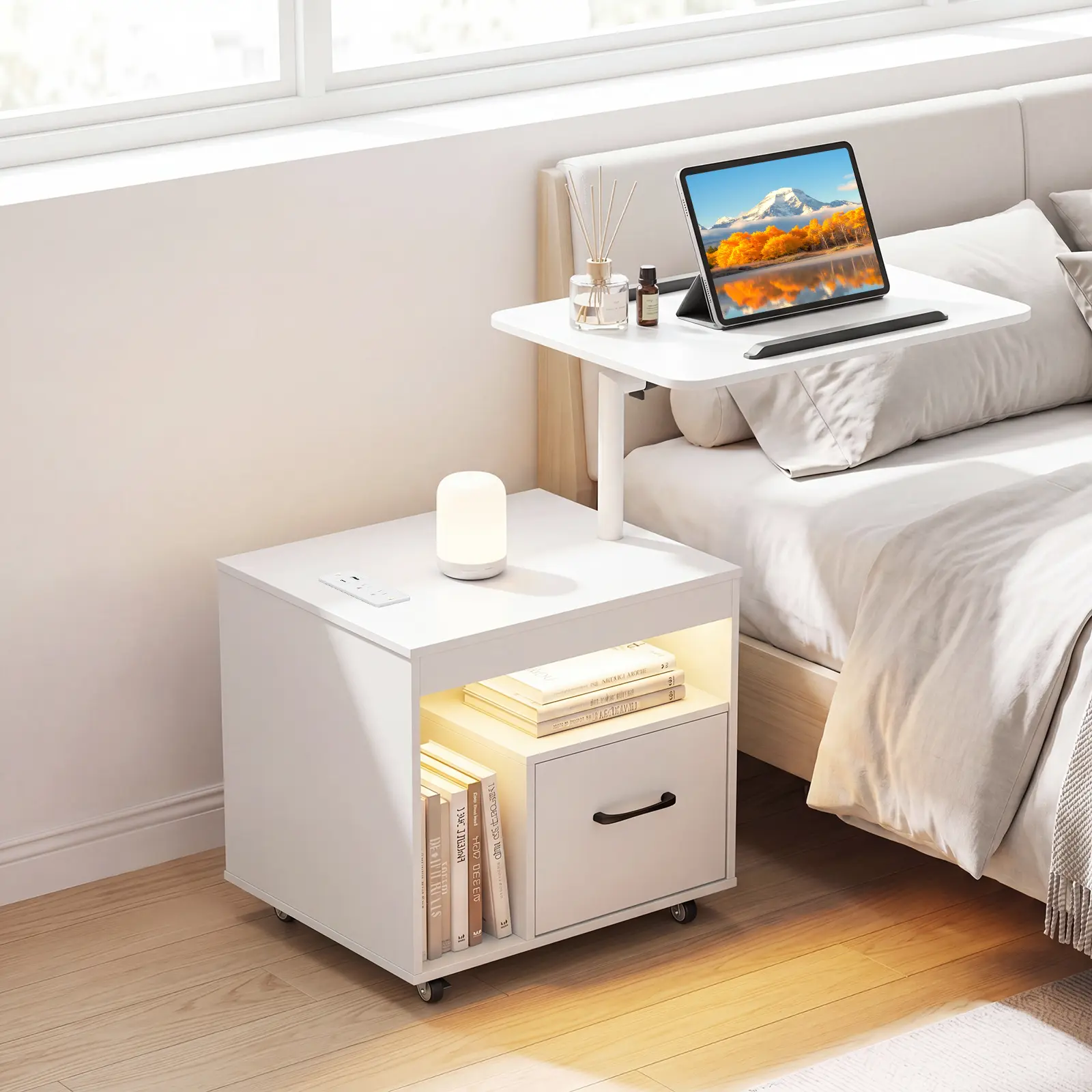 COSTWAY LED Nightstand with Charging Station, Modern Bedside Table w/Flip Over & Rotatable Tabletop, Drawer & Storage Shelf, Rolling Sofa Side Table with Wheels for Bedroom
