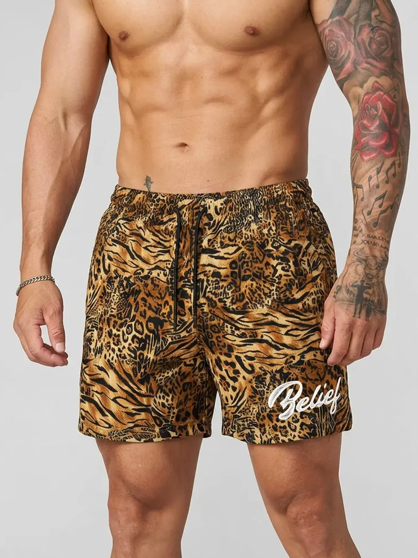 Men's Tiger Leopard Print Gym Shorts - Elastic Waist Drawstring Workout Shorts, Ultra-Comfortable Streetwear Athletic Shorts for Bodybuilding, Hiking, Casual Outings, Lightweight & Quick-Dry, Versatile Athleisure Bottoms for Modern Guys Streetwear Y2K