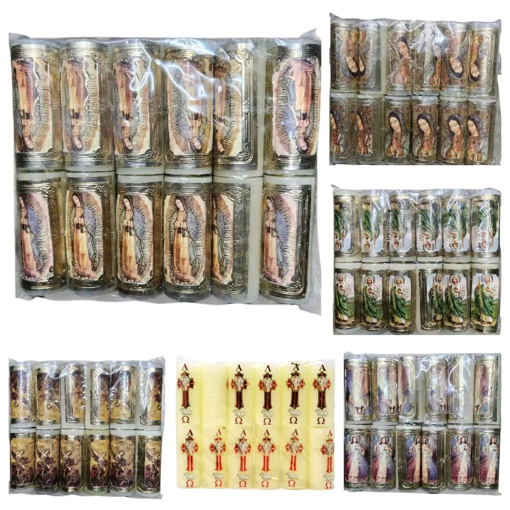 Cirio Pascual Mini Docena 12 Pcs pack -Virgen De Guadalupe Mc O Cuerpo completo 3.5"Tall×1.5"Thick San Judas, San Miguel Arcangel, Divina Misericordia,  Paschal Candles Vela de Cera Candle for Church Devotional Religious Decor Recuerdos party favors