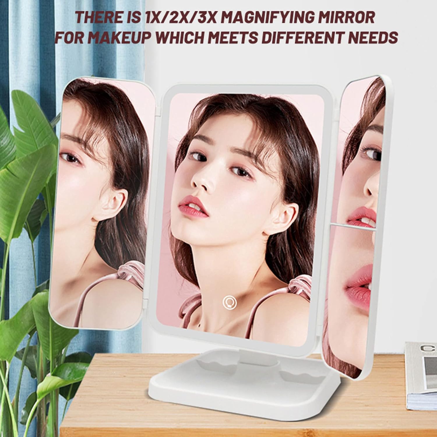 Foldable LED Makeup Mirror 1/2/3X Magnification Touch Control Rotatable Vanity Mirror with 3 Color，Portable Rechargeable Makeup Mirror