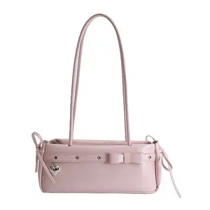 Sweet & Girly Bow-Adorned Shoulder Bag — Y2K-Style Baguette Shoulder Bag with Bow and Heart Charms Mini Shoulder Bag with Long Strap