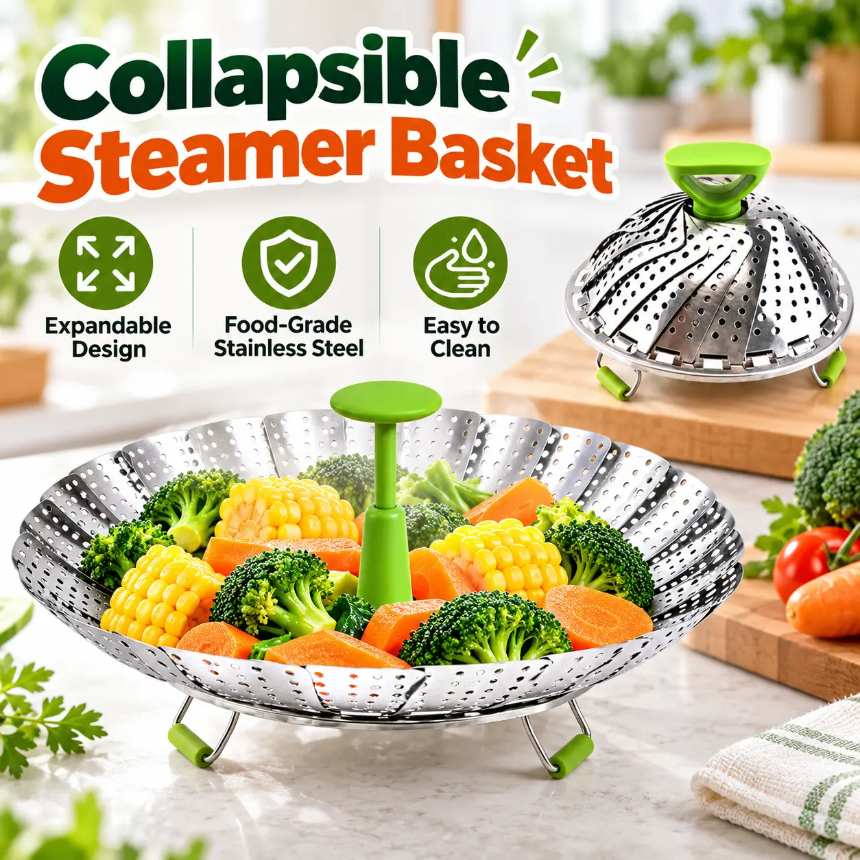 Expandable Stainless Steel Steamer Basket for Pot, 5.5-9.1 In Folding petal design raises food above boiling water with a center handle for lifting vegetables, eggs, and seafood