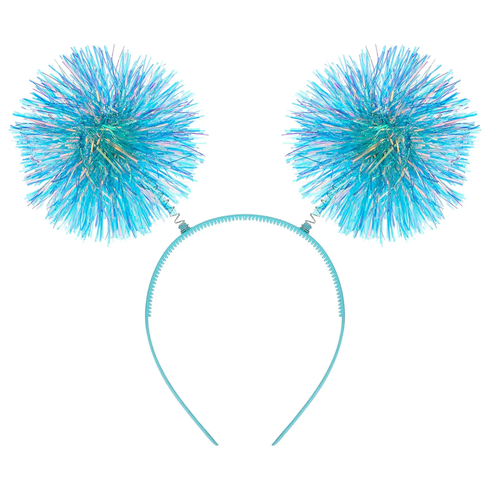 Blue Foil Tinsel Headband with Funky Pom Poms for Women & Girls, Sparkly Party Hair Accessory for Birthday & Christmas Cosplay, Cosplay Events, Fluffy Ball Accents