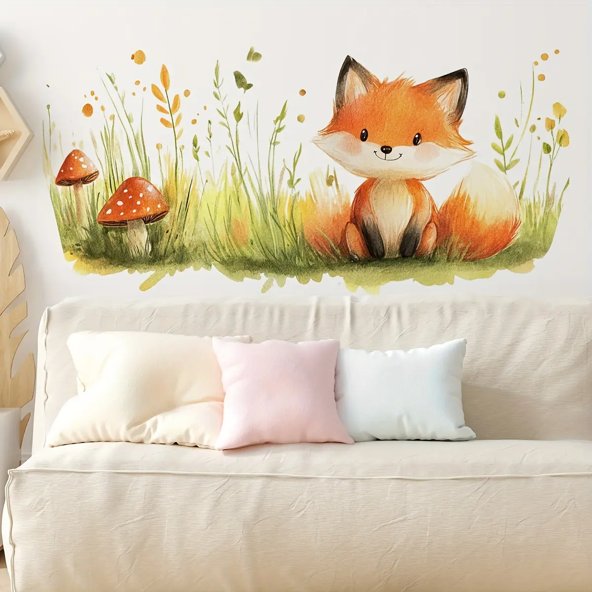 A small fox, grass, flowers and mushrooms wall sticker (30*60cm) for living room, bedroom and home background decoration M18559
