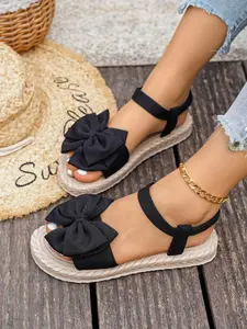 Women's Simple Casual Sandals, Bowknot Decoration, Round Toe Design, Ideal for Spring and Fall Outdoor Wear, Comfortable and Stylish, Rubber