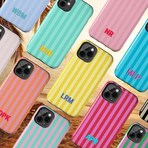 Personalized Striped Shockproof Cellphone Casing - Custom Monogrammed Aesthetic Shadow Cover, Summer Coastal Preppy Design, Protection for iPhone 18/17/16 Pro/15/14/13/12 Pro Max,X,XS, Women's Phone Accessories
