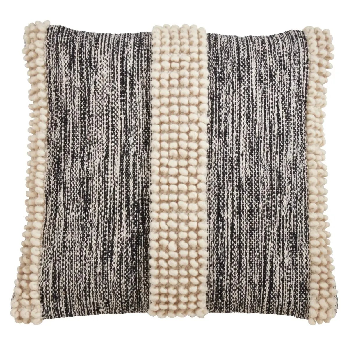 212 MAIN 22 in. Wool-Cotton Mix Poly-Filled Square Pillow, Striped Square Cushion with Pom Poms, Black