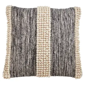 212 MAIN 22 in. Wool-Cotton Mix Poly-Filled Square Pillow, Striped Square Cushion with Pom Pom, Black
