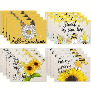 Bee & Sunflower Pattern Placemat, 4 Counts/set Sweet As Can Bee Hello Sunshine Lettering Decorative Placemat, Table Mat for Home Kitchen Dining Room
