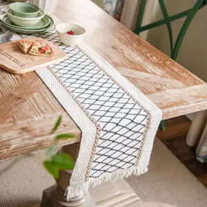 , Boho Cotton Table Decorations, Farmhouse Table with Tassels for Bohemian Wedding Bridal Shower Rustic Home Dining Table (Black/Grid/12x90)