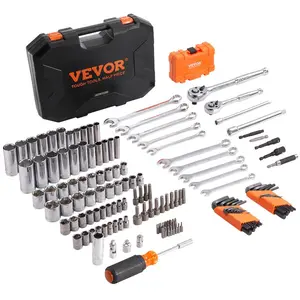 VEVOR Mechanics Tool Set and Socket Set, 1/4 and 3/8 Drive Deep and Standard Sockets, 145 Pcs SAE and Metric Mechanic Tool Kit with Bits, Combination Wrench, Hex Wrenches, Accessories, Storage Case