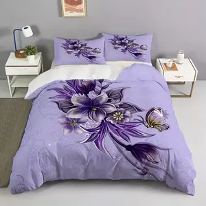 3-Piece Floral Butterfly Print Duvet Cover Set (1 Duvet + 2 Pillowcases), Soft Comfort Bedding, Bedroom Dorm Room Decor
