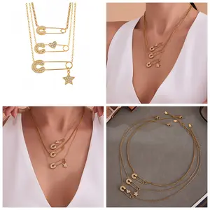 Stainless steel paper clip inlaid zircon star pendant collarbone necklace niche design neck chain waterproof and sweat-proof imitation allergy jewelry