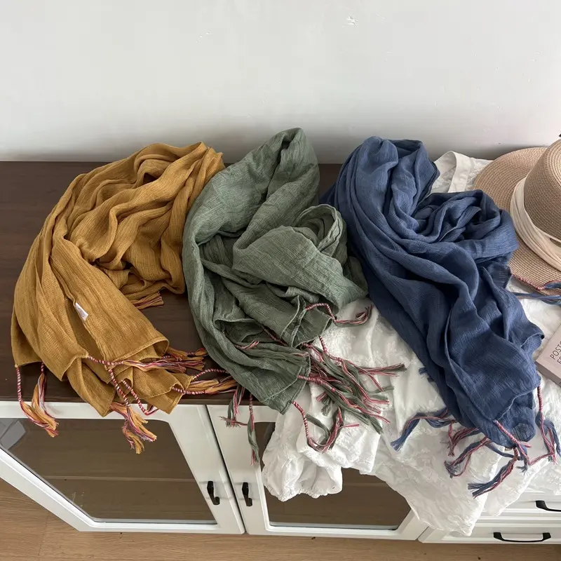 Boho Blue Linen Scarf for Women, Casual Lightweight Shawl for Spring Summer Travel and Sun Protection