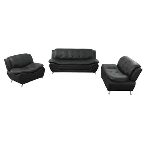 3-Piece Black Faux Leather Compact Dark Durable Sofa Set, Comfort-Upholstered Couch, Modern Indoor Living Room Furniture for Home Office & Small Spaces, Compact Sofa Sets, Dark Sofa Sets